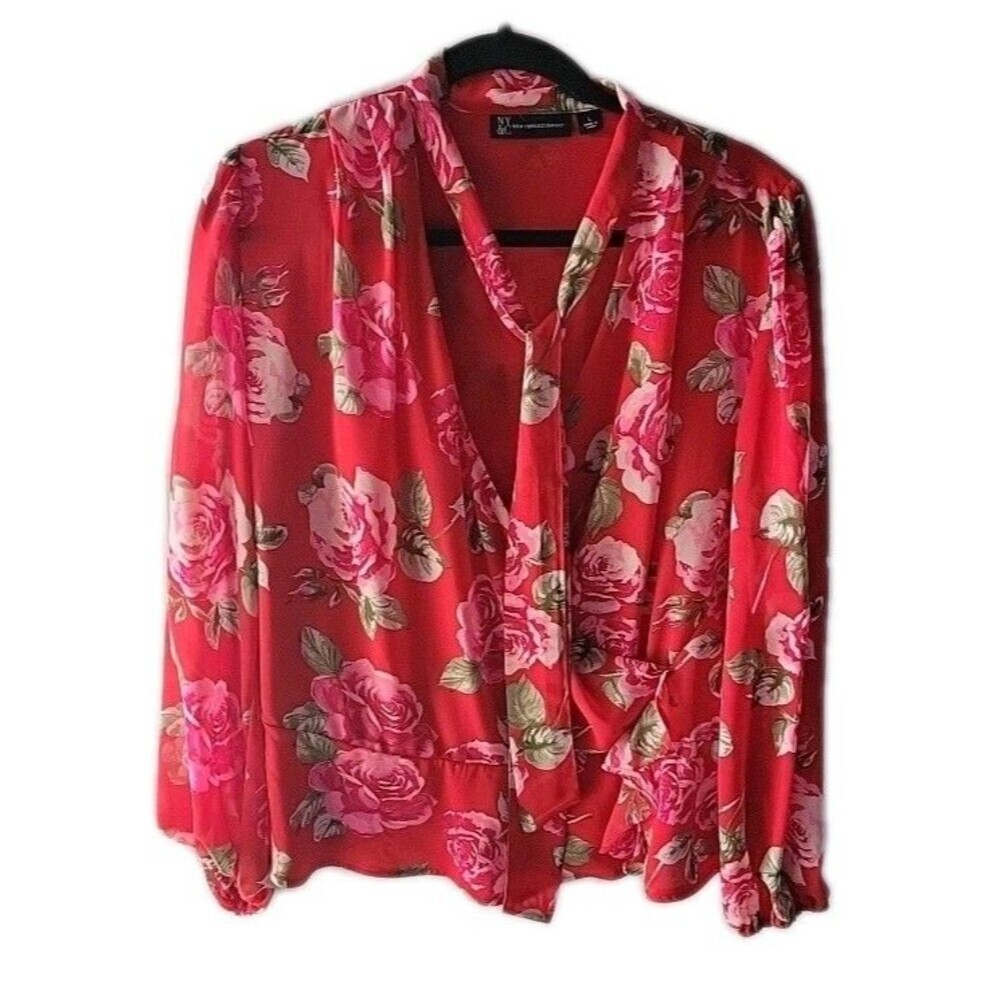 New York & Company Red Pink Floral Print Faux Wrap Peplum M Blouse With Necktie